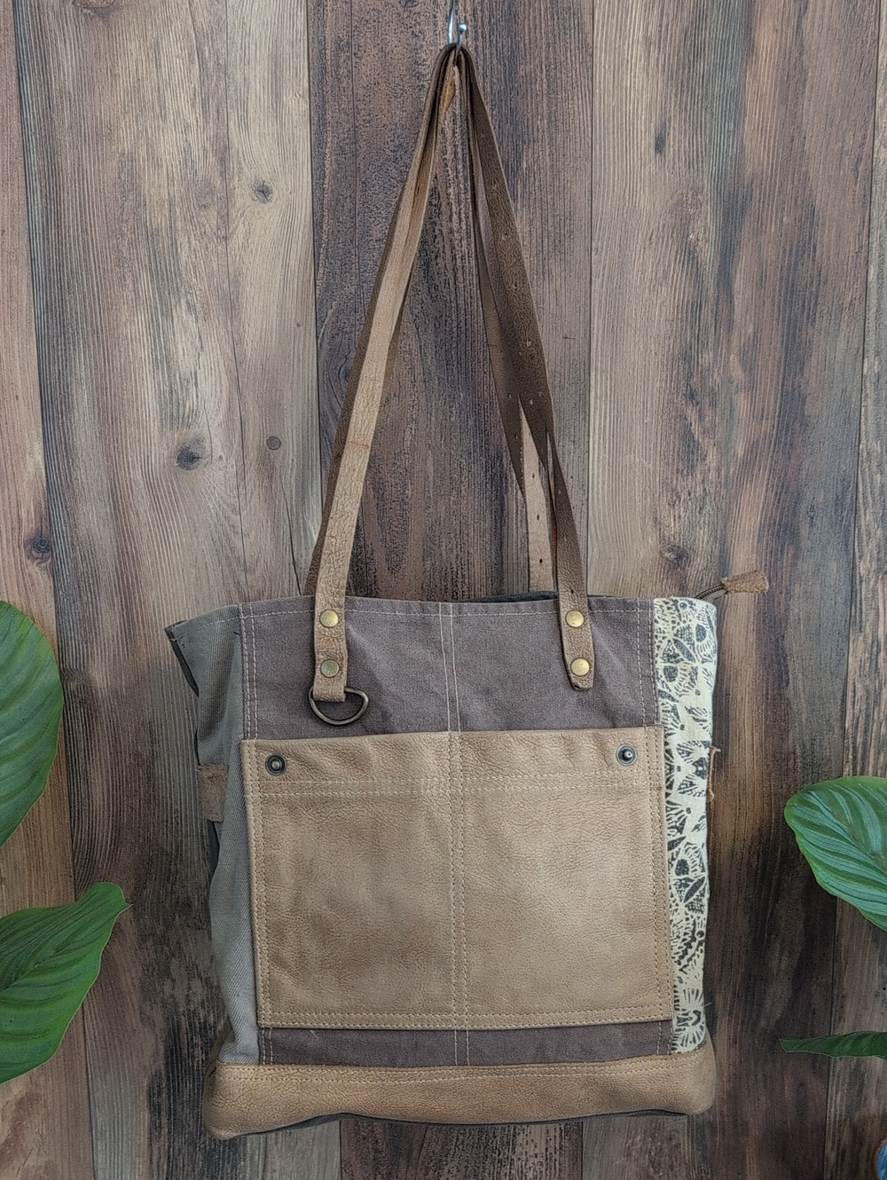 Myra Bag Brown and Tan Floral Side Canvas Leather Tote Shoulder Bag 860A - Picture 1 of 10